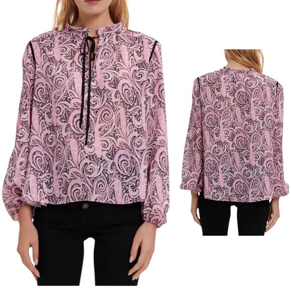 NWOT Maje Apollo Tie Neck Paisley Top Blouse Pink Black Gold Blouse Size Large - Picture 2 of 12